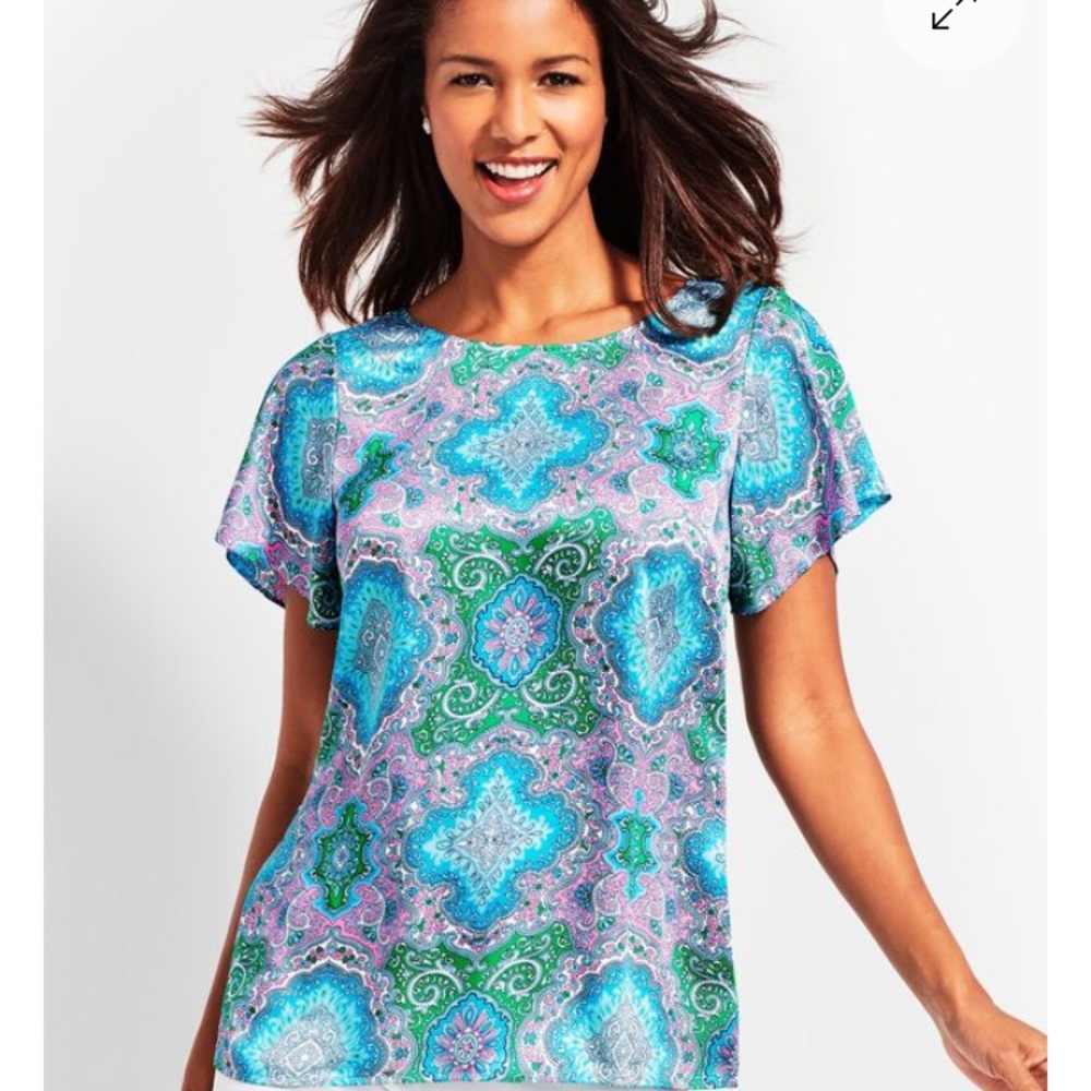 Talbots V Neck Crisscross Back Flutter sleeve Paisley Cottagecore Top EUC
